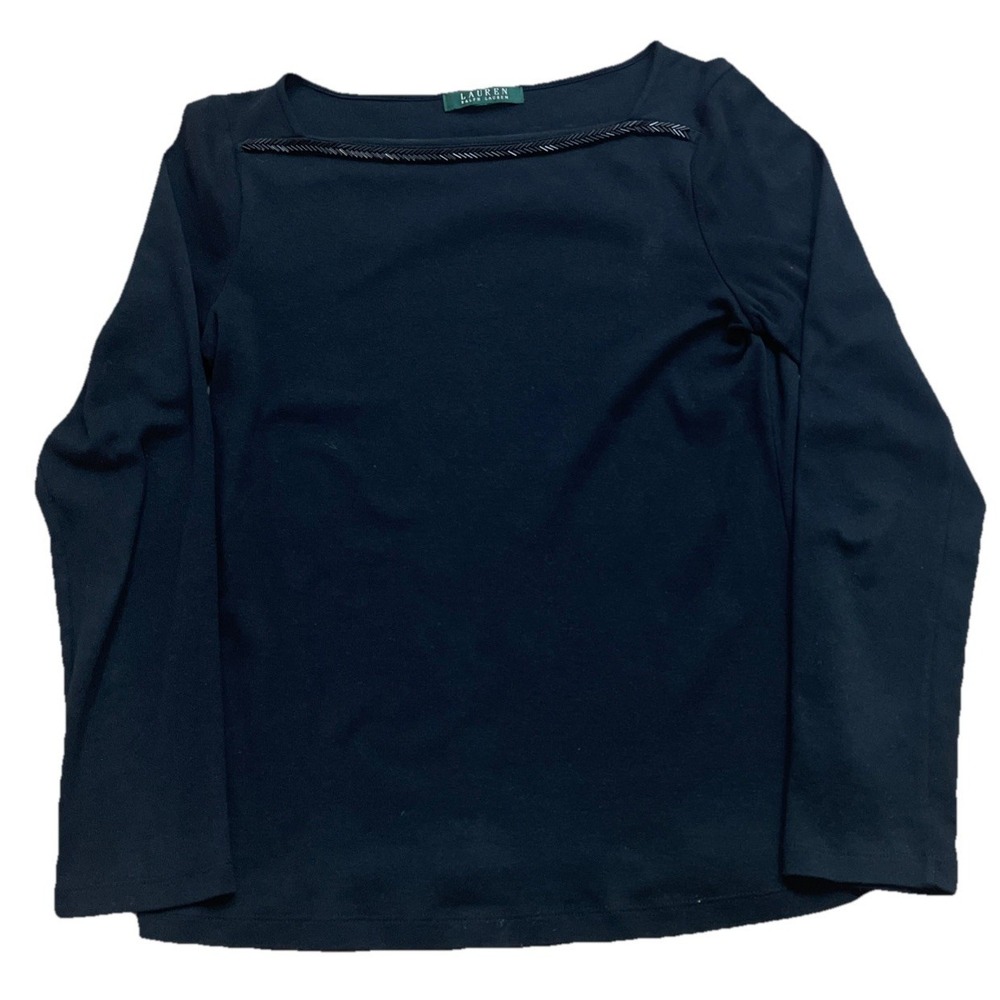 Lauren Ralph Lauren Black Long Sleeves Top Beaded Neck Detail Women's Medium‎